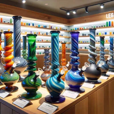Selection of high-quality, artisanal glass bongs displayed on wooden shelves inside a modern, well-lit, legal dispensary. The bongs vary in size and are intricately designed with swirls of vibrant colors like deep blues, emerald greens, and fiery oranges. The setting includes labels indicating the craftsmanship and legality, with a clear focus on the artistry and quality of the glasswork.