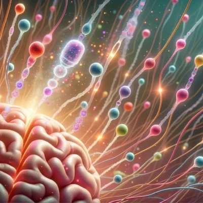 Illustration of a dynamic scene inside the brain, where neurotransmitters are shown as colorful particles flowing between neurons. Some neurotransmitters are seen binding to receptors, sparking electrical impulses, while others are drifting away. The background has a soft glow, emphasizing the importance of these chemical messengers.